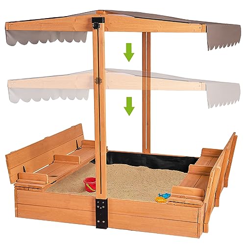 Kids Wooden Outdoor Sandbox w/Canopy, 2 Foldable Bench Seats, Retractable Roof Sand Protection Liner 47x47-Inch
