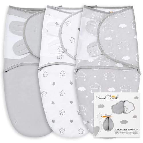 Baby Swaddle Blanket, Swaddle Wrap for Newborn and Infant, Adjustable Swaddle Set for Baby Boy and Girl, 3 Pack Soft Organic Cotton, Large (3-6 Months), Grey and White