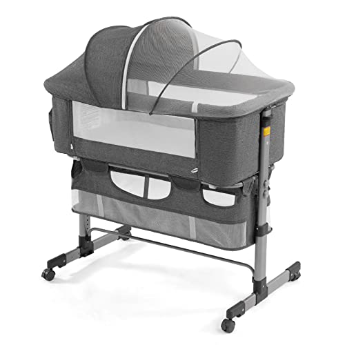 Bedside Sleeper Bedside Crib, Baby Bassinet 3 in 1 Travel Baby Crib Baby Bed with Breathable Net,Adjustable Portable Bed for Infant/Baby(Deep Grey)