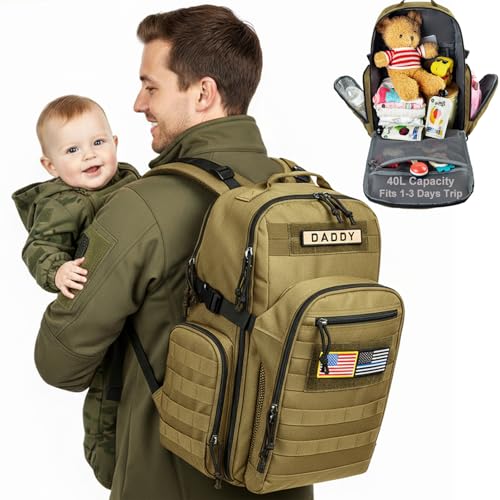 MIRACOL Military Diaper Bag for Dad - Large Diaper Backpack with 12+ Compartments - Insulated Bottle Pockets Quick-Access Wipe Dispenser for Travel Hiking Camping Tan