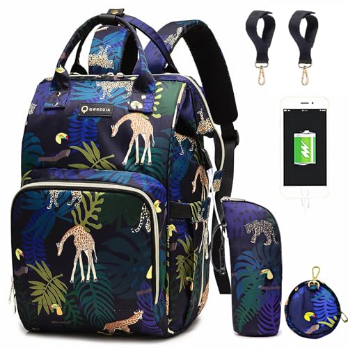 Diaper Bag Backpack, Animal Print Travel Nappy Bag with USB Charging Port Stroller Straps and Insulated Pocket For Women/Mum (Animal Print Pattern)
