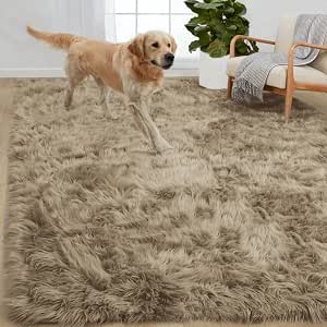 Gorilla Grip Fluffy Faux Fur Rug, 5x8, Machine Washable Soft Furry Area Rugs, Rubber Backing, Plush Floor Carpets for Baby Nursery, Bedroom, Living Room Shag Carpet, Luxury Home Decor, Beige