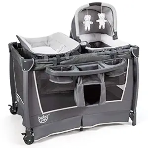 BABY JOY 4 in 1 Pack and Play, Portable Nursery Center Baby Playard w/Bassinet & Diaper Changing Table, Infant Bassinet Activity Center with Toys, Music, Oxford Bag for Toddlers (Space Grey, Classic)