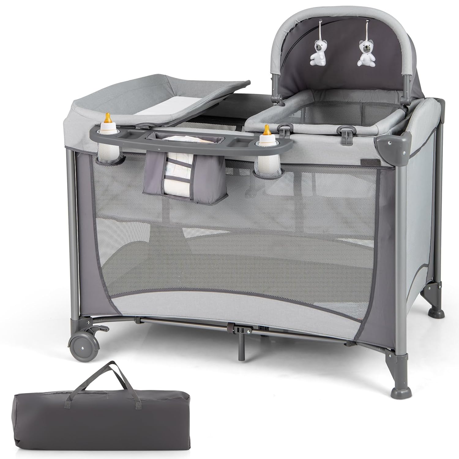 HONEY JOY Pack and Play with Bassinet, 5 in 1 Portable Baby Playard w/Changing Table, Removable Infant Full-Size Bassinet & Mattress, Diaper Storage Bag, Foldable Newborn Nursery Center w/Carry Bag