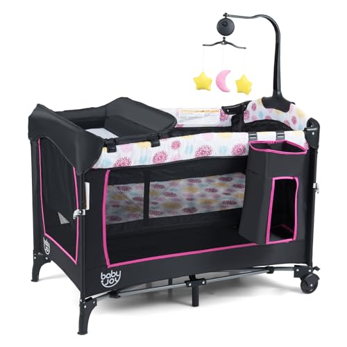 BABY JOY 4 in 1 Pink Pack and Play, Baby Bedside Sleeper with Bassinet, 3 Adjustable Heights, Music Box, Easy to Install, Foldable Bedside Crib w/Changing Table, Playards from Newborn to Toddlers Rose