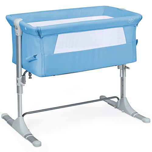 BABY JOY Baby Bedside Crib, Portable Travel Sleeper Bed Side Bassinet w/Carrying Bag, Newborn Bassinet to Infant, Kids Crib with Detachable Mattress, Height Adjustable Design, Breathable Mesh, Blue