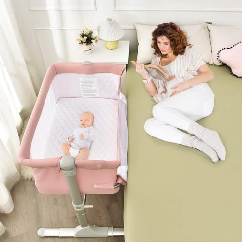 BABY JOY Baby Bedside Crib, Portable Travel Sleeper Bed Side Bassinet w/Carrying Bag, Newborn Bassinet to Infant, Kids Crib with Detachable Mattress, Height Adjustable Design, Breathable Mesh, Pink