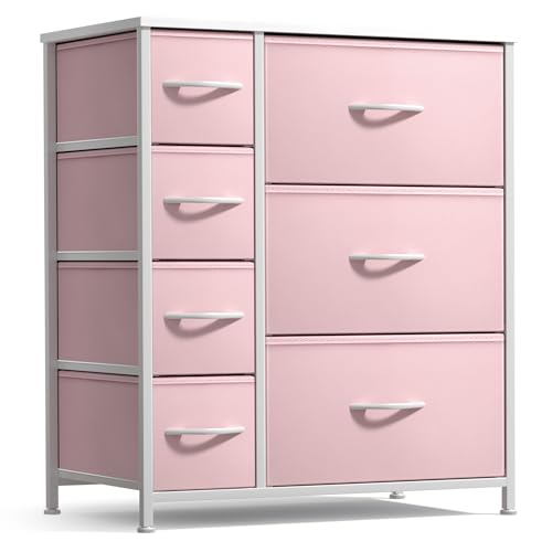 Sorbus Dresser with 7 Drawers - Furniture Storage Chest for Kids, Teens, Bedroom, Nursery, Playroom, Clothes, Toys - Steel Frame, Wood Top, Tie-dye Fabric Bins (7-Drawer, Pastel Pink)