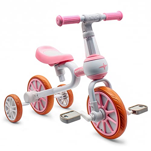XIAPIA 3 in 1 Toddler Bike for 2-4 Year Old Girl Boy, Kids Tricycle with Adjustable Seat, Detachable Pedal and Training Wheels, Baby Balance Bike Trikes Riding Toys, Kids Chirstmas Birthday Gifts Pink