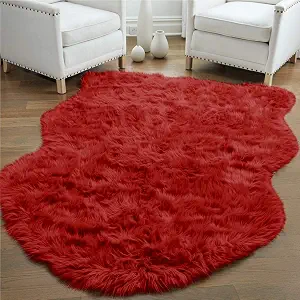 Gorilla Grip Fluffy Faux Fur Sheep Rug, 5x7, Machine Washable Soft Furry Area Rugs, Rubber Backing, Plush Floor Carpets for Baby Nursery, Bedroom, Living Room Shag Carpet, Luxury Home Decor, Red