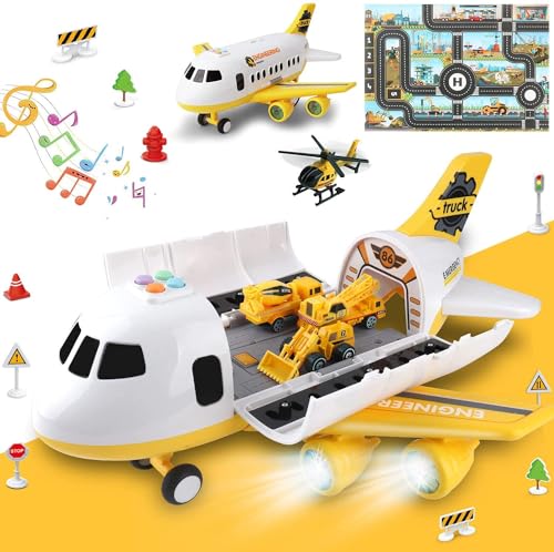 Dwi Dowellin Construction Toy Airplane Set/Play Mat,Excavator,Bulldozer,Mixer,Dumper Truck,Forklift,Crane,Alloy Metal Car Toys for 3 4 5 6 Years Old Toddlers Kids Boys & Girls(Large)