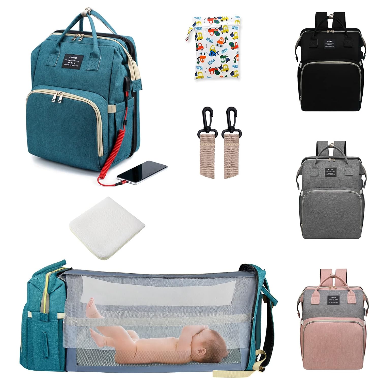 ANWTOTU 7-in-1 Travel Diaper Bag (Green)