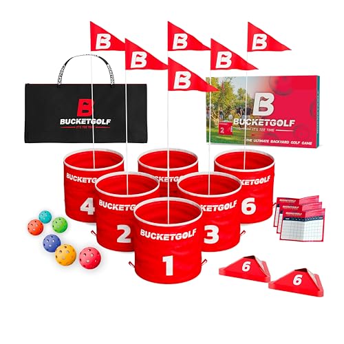 bucketgolf Game The Original Ultimate Backyard Lawn Golf Game for Family, Adults and Kids - Portable 6 Hole Golf Course Play Outdoor, Lawn, Park, Beach, Yard.