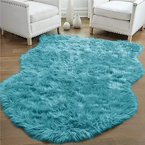 Gorilla Grip Fluffy Faux Fur Sheep Rug, 4x6, Machine Washable Soft Furry Area Rugs, Rubber Backing, Plush Floor Carpets for Baby Nursery, Bedroom, Living Room Shag Carpet, Luxury Home Decor, Turquoise