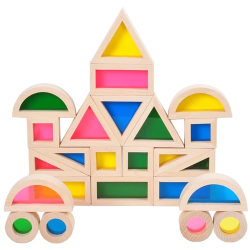 Wood Building Blocks Set 24pcs, Wooden Blocks for Toddlers, Rainbow Sensory Toys, Educational Toys, Preschool Wooden Stacking Toy for Kids