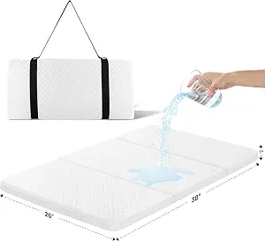 Stuffed Waterproof Pack and Play Mattress Pad (38 x 26 x 1 inch), Tri-fold Travel Pack n Play Mattresses for Protable Crib, Playard Mattress, Mini Crib Mattress Nap Mat Foldable with Travel Strap
