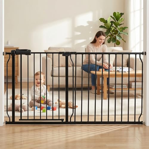 Extra Wide Baby Gate Extra Tall Tension Indoor Safety Gates Black Metal Large Pressure Mount Pet Gate Walk Through Safety Dog Gate for The House Doorways Stairs (57.48"-62.2"/146-158CM, Black)