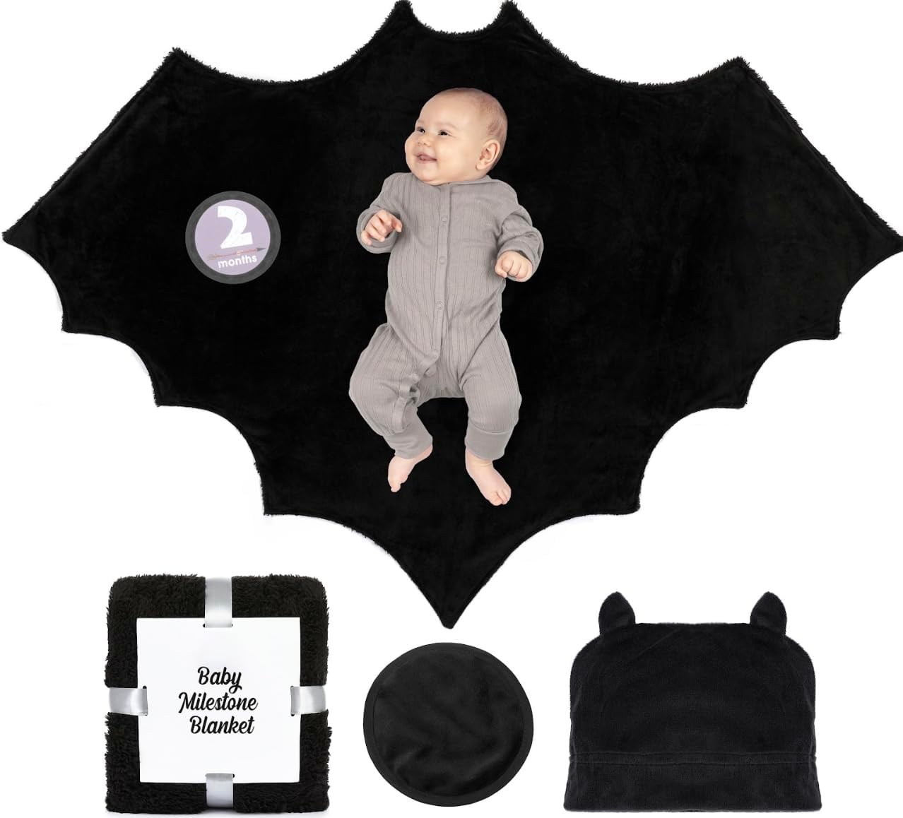Sherpa Fleece Goth Bat Baby Swaddle Blanket Gift Set with Milestone Stickers, Bat Hat & Wings, Crib Size
