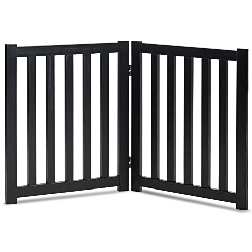LZRS 2-Panel Wooden Free Standing Foldable Dog Gate Indoor  Solid Hardwood 24" High, Step-Over Safety Pet Gate for Doorways, Stairs & Small Spaces - Indoor Use, Black