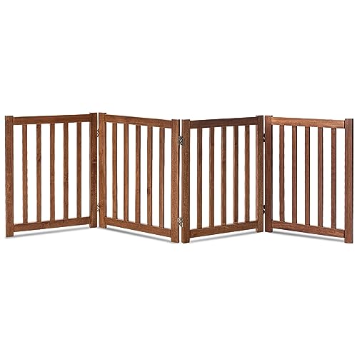 LZRS 4-Panel Wooden Free Standing Foldable Dog Gate Indoor  24" High, Extra Wide Step-Over Safety Pet Gate for Doorways, Stairs, Hallways, Large Spaces & Playpen for Puppies Indoor Use, Oak