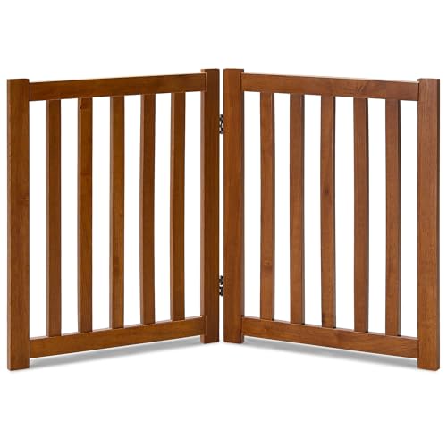 LZRS 2-Panel Wooden Free Standing Foldable Dog Gate Indoor  Solid Hardwood 24" High, Step-Over Safety Pet Gate for Doorways, Stairs & Small Spaces - Indoor Use, Oak