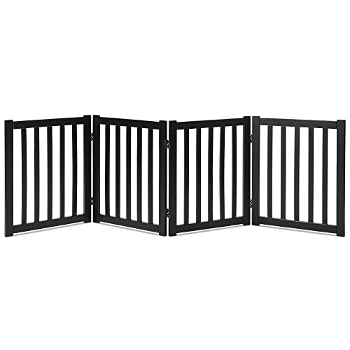 LZRS 4-Panel Wooden Free Standing Foldable Dog Gate Indoor  24" High, Extra Wide Step-Over Safety Pet Gate for Doorways, Stairs, Hallways, Large Spaces & Playpen for Puppies Indoor Use, Black