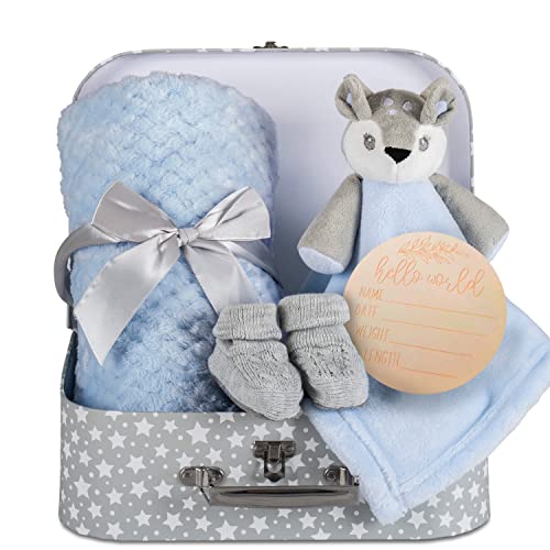 Baby Boy Gift Set - New Born Blue Deer Fawn Security Blanket, Soft Fleece Suitcase Keepsake Box, Booties & Basket - Unique Baby Shower & Newborn Lovey Welcome Present