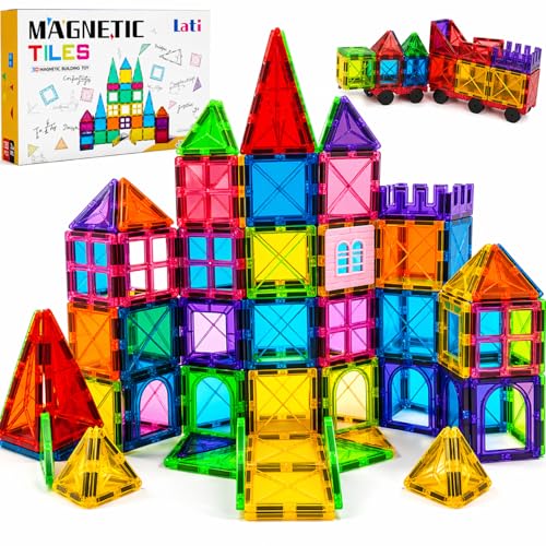 LATI 130 pcs Magnetic Tiles, Magnet Building Blocks for Kids STEM Construction Set Clear Imagination Inspirational Educational Toddler Boys Girls Kids Toys for 3 4 5 6 7 8 Years with 2 Cars