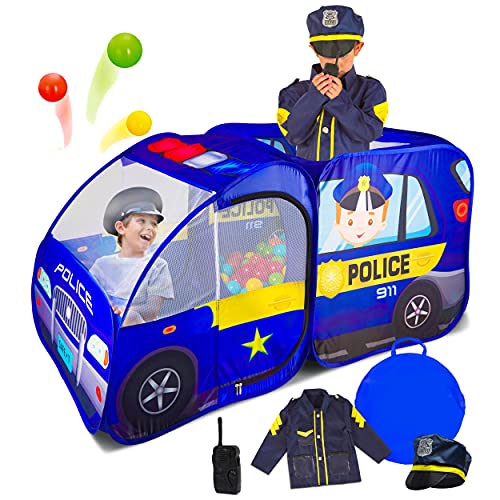 Police Car Pop Up Play Tent with Sound Button and Policeman Officer Costume for Kids, Toddlers, Boys, Girls, Indoors & Outdoors  Playhouse for Interactive Fun - Foldable, Quick Setup Pretend Play