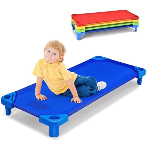 Costzon Daycare Cots for Kids, Pack of 4, 51 L x 23 W Stackable Nap Cots with Easy Lift Corners, Ready-to-Assemble, Preschool Classroom Daycare Beds for Sleeping, Resting, Naptime (Multicolor)