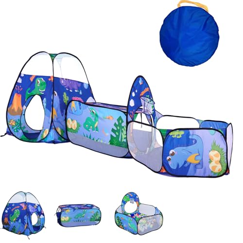 TTLOJ 3PC Dinosaur Kids Play Tent with Ball Pit, Crawl Tunnel, Toddlers Playhouse Castle Toys, Baby Boys Girls Gift for 3 4 5 6 7 Years Old, Outdoor Indoor, Lightweight (Balls Not Included)