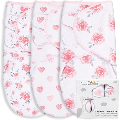 Mama Cheetah Preemie Swaddle Sack, Organic Swaddling Sleep Sacks for Preemies, Swaddle Blanket Wrap, Easy Swaddles for Premature Baby Girl 4-7 lbs, Newborn Essentials, 3-Pack, Cotton, Grey/Pink