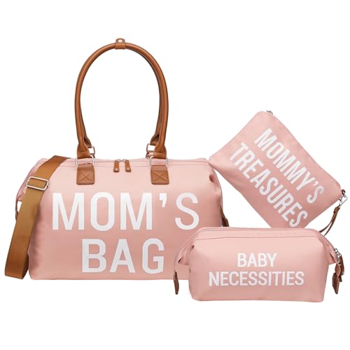 printe Mommy Diaper Bag Tote for Girls with 2 Organizer Pouches, Large Capacity Mom's Bag for Hospital and Weekender Travel, Pink