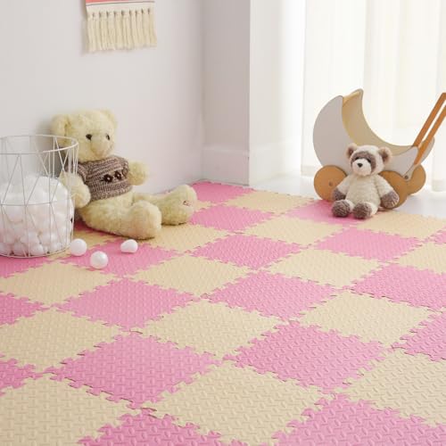 16 Tiles, 0.4 Inch Thicked Interlocking Floor Mats with Solid Colors, Squares Baby Play Mat, EVA Foam Puzzle Floor Mat Foam Mats for Kids, Baby, Toddlers (Beige/Pink)
