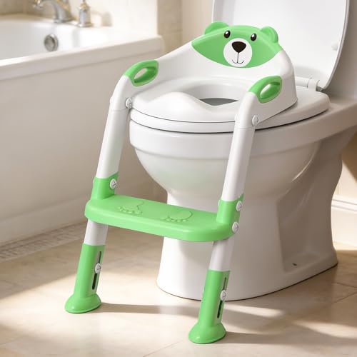 Potty Training Seat with Step Stool Ladder, SKYROKU Potty Training Toilet for Kids Boys Girls Toddlers - Comfortable Safe Potty Seat with Anti-Slip Pads Ladder Green