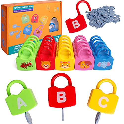 Color Alphabet Learning Lock Toys Educational Letter Combination-with 26 Locks, 26 Keys Montessori Preschool Alphabet Learning Game for Ages 3 yrs+