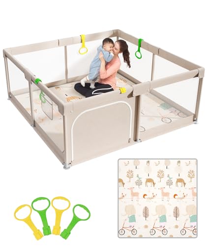 Mloong Baby Playpen with Mat, 59x59 Inches Extra Large Playpen for Babies and Toddlers, Indoor & Outdoor Activity Center, Safety Baby Fence