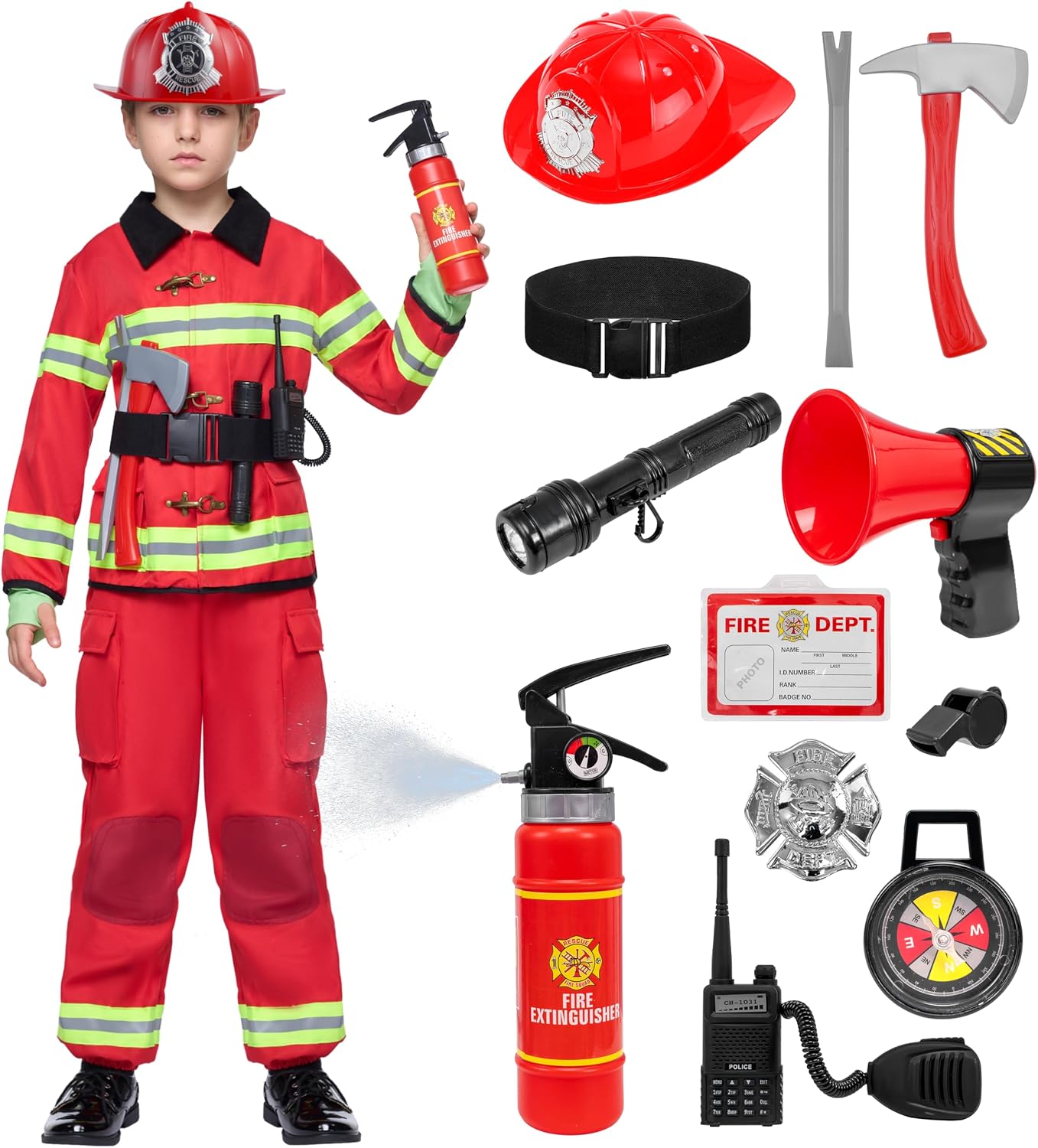 Spooktacular Creations Halloween 14PCS Firefighter Costume for Kids, Boys Fireman Costume with Toys Set for Toddler RolePlay