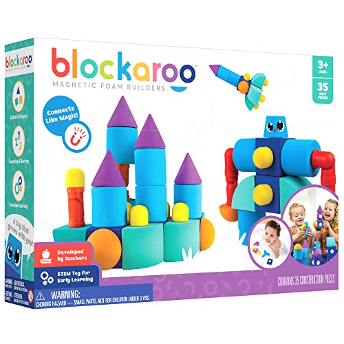 Blockaroo Magnetic Foam Building Blocks - 35-Piece Castle, Bath Toys for Toddlers, Preschool Toys, Bathtub Toys, Sensory Toys, Blocks for Toddlers 3-5, Engineering Toys for Kids 3-5, Bath Blocks