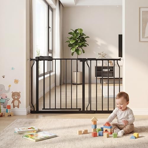 Extra Wide Pressure Mount Baby Gate Walk Through Auto Close White Metal Child Dog Pet Indoor Safety Gates for Stairs,Doorways,Kitchen and Living Room (43.31"-48.03"/110-122CM, Black)