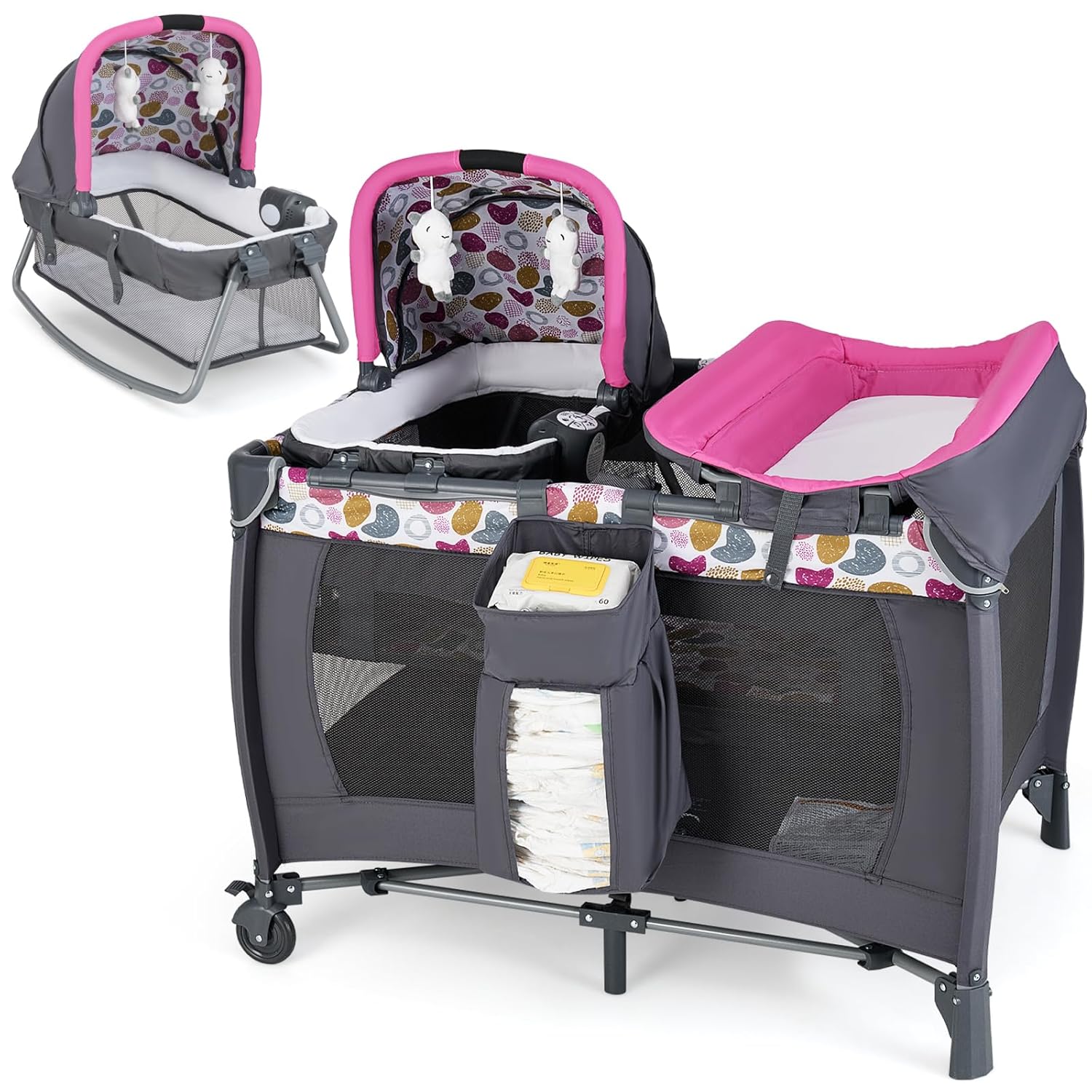HONEY JOY Pack and Play with Bassinet, Infant Nursery Center Pack and Play w/Newborn Cradle & Hanging Toys, Diaper Storage Bag, Music, Carry Bag, Portable Baby Playard w/Changing Station (Pink)
