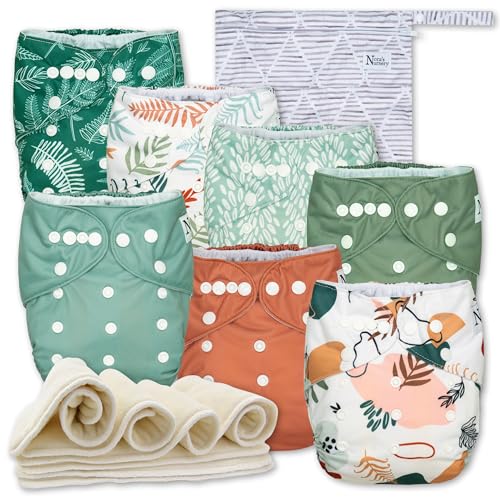 Nora's Nursery Cloth Diapers 7 Pack with 7 Inserts & 1 Wet Bag - Waterproof Cover, Washable, Reusable & One Size Adjustable Pocket Diapers for Newborns and Toddlers - Oasis