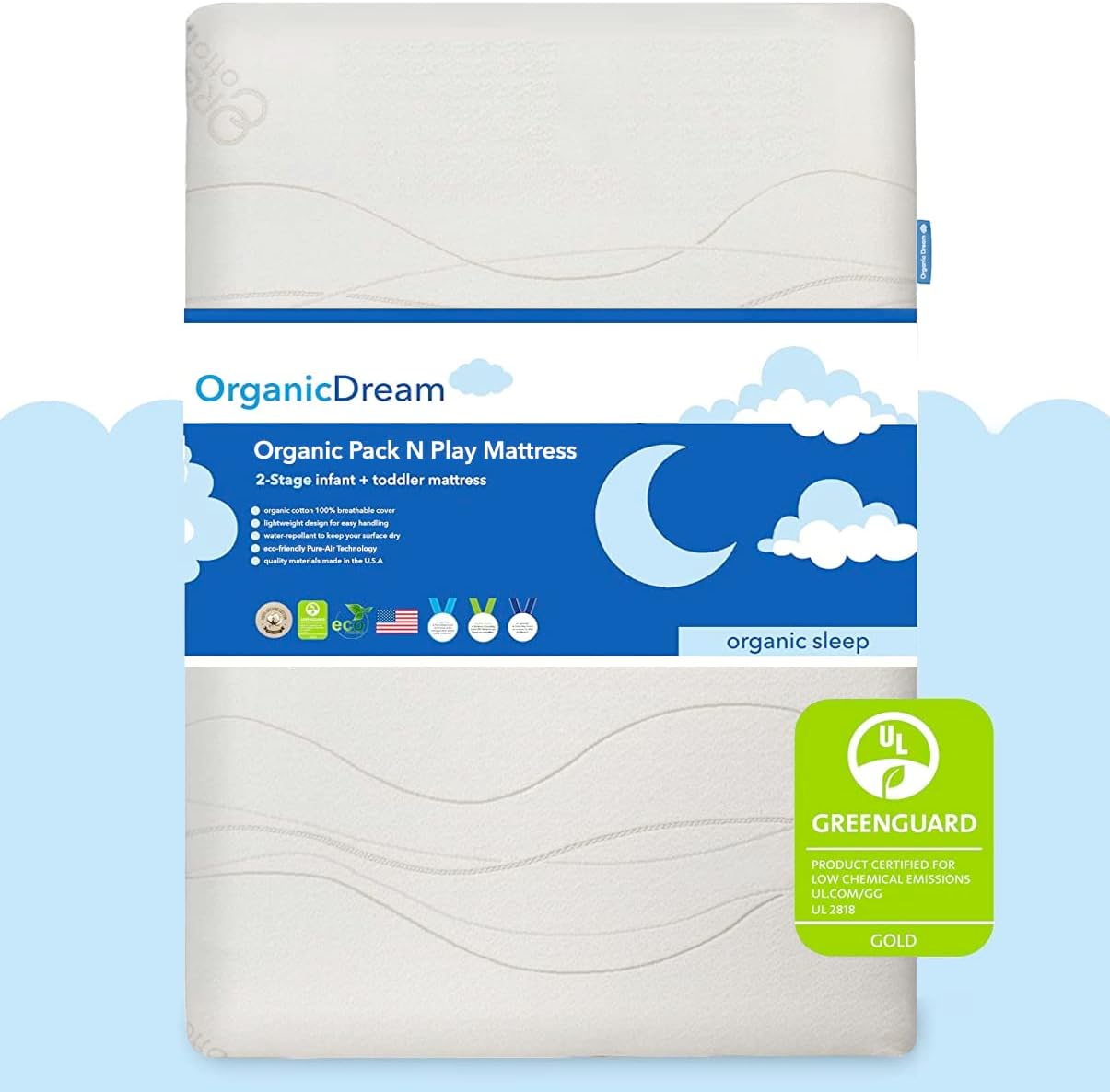 ORGANICDREAM Organic Dream Pack and Play Mattress I Dual-Sided Firm Infant + Memory Foam Toddler Side I 100% Organic Cover