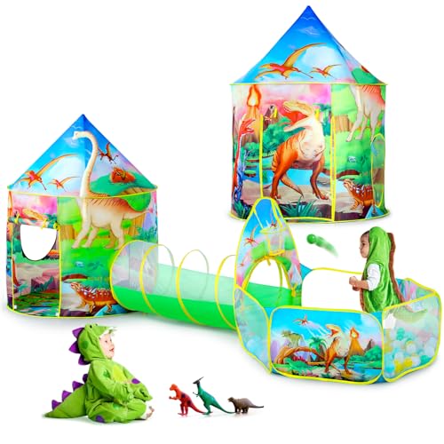 3PC Dinosaur Tent for Girls with Kids Ball Pit, Kids Play Tents and Crawl Tunnel for Toddlers, Pink Pop Up Playhouse Toys for Baby Indoor& Outdoor Tent Games, Birthday Kids Gifts