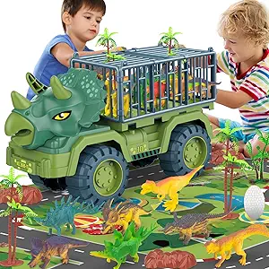 Dinosaur Transport Truck Playset, Large Size Triceratops Vehicle Carrier Car Toys for 3 4 5 6 7 8 9 10 Years Old Boys Girls Kids Gifts, Monster Truck with 12 Dino Figures & Play Mat