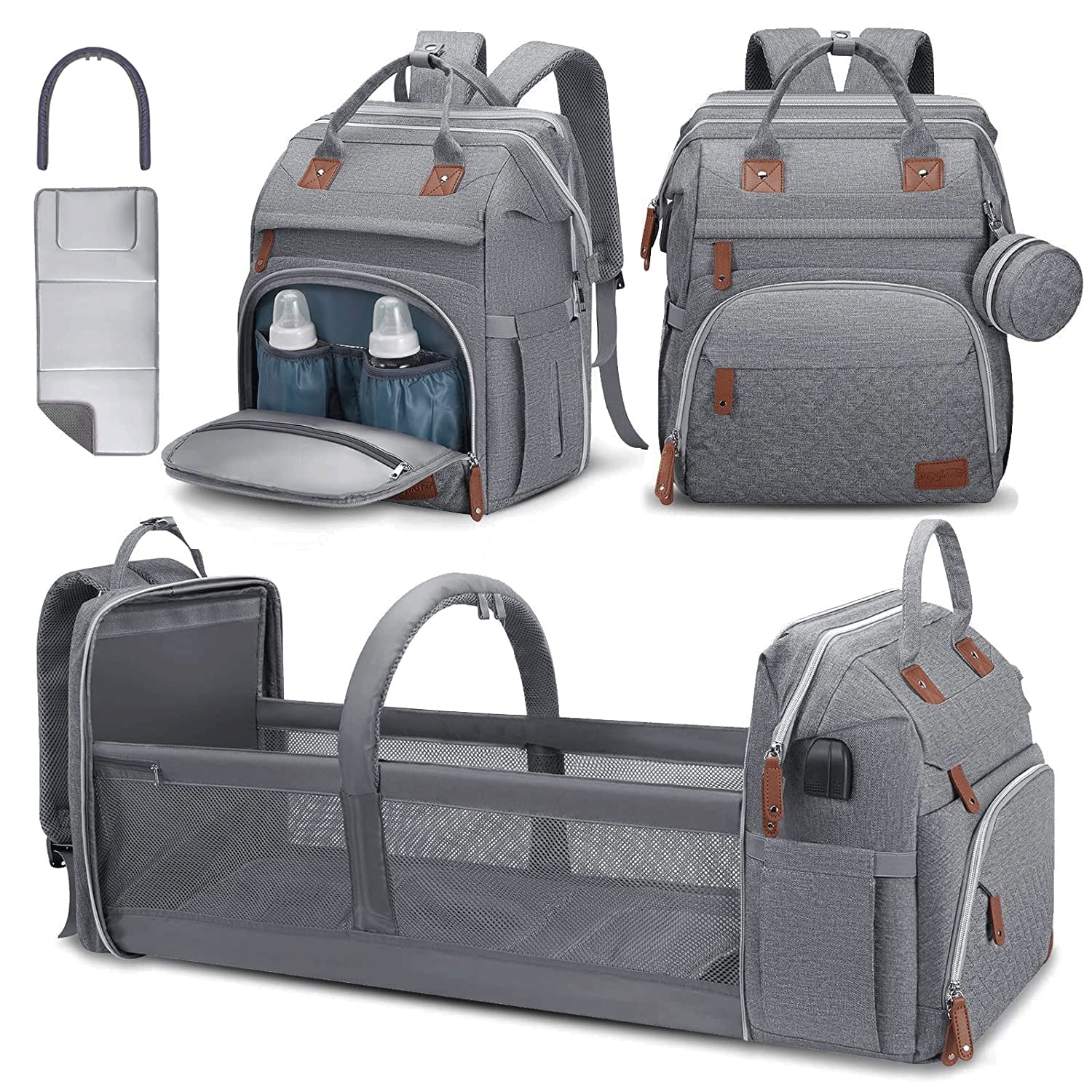 DERJUNSTAR Diaper Bag Backpack  Large Capacity Baby Diaper Bag with Changing Pad, Waterproof Travel Backpack for Boys & Girls, Multi-Function Baby Bag with USB Charging Port, Grey