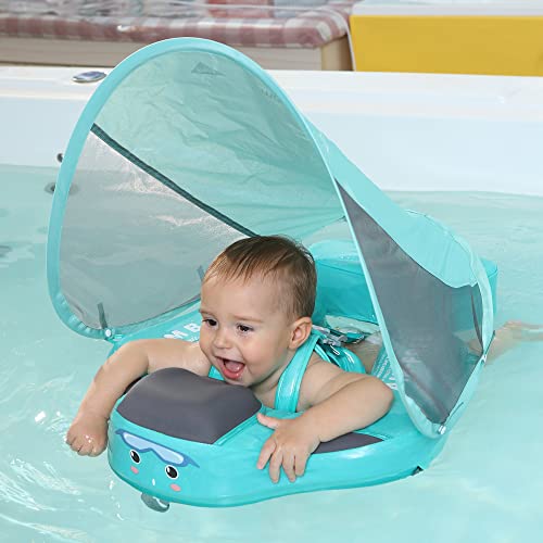 Mambobaby Float Add Tail Baby Swim Float with Canopy Solid Pool Infant Swim Trainer Swimming Training Lying Air Free Water Floats Non-Inflatable Waist Swim Ring for Toddlers (Green Mambo Fish)