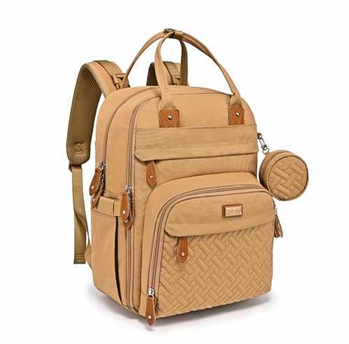 BabbleRoo Diaper Bag Backpack - Baby Essentials Travel Tote - Multi function Water Resistant Diaper Bag, Travel Essentials Baby Bag with Changing Pad, Stroller Straps & Pacifier Case - Unisex, Beige