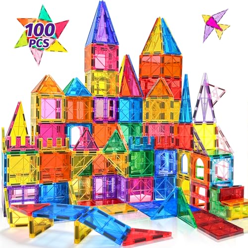 100PCS Magnetic Tiles Blocks for Kids Ages 3-5 4-8 with 2 Cars,STEM Learning Educational Preschool Magnet Building Toys for Toddlers,Christmas Birthday Gifts Toys for 3 4 5 6 7 8+ Year Old Boys Girls