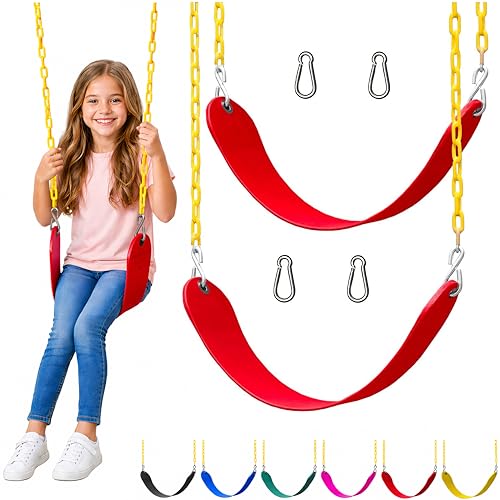 Jungle Gym Kingdom Swings for Outdoor Swing Set - Pack of 2 Swing Seat Replacement Kits with Heavy Duty Chains - Backyard Swingset Playground Accessories for Kids (Red)
